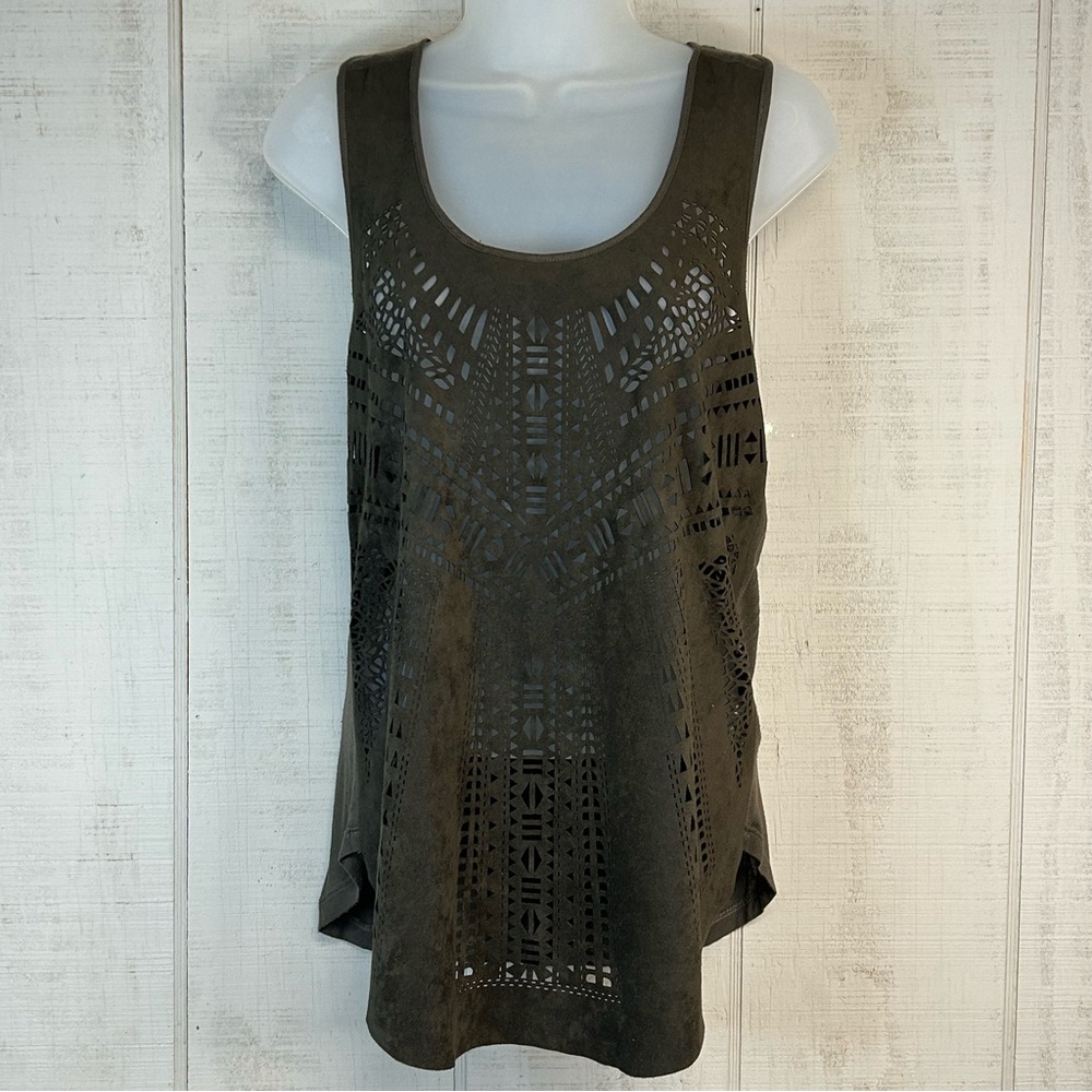 Womens Faux Suede Top Stretchy Laser Cut Sleevelessā Sheer Country Festival Boho